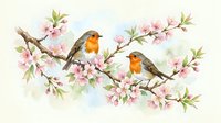 Two robins perched on blooming cherry blossom branches, soft watercolor style with pink flowers and green leaves on white background.