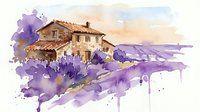 Watercolor painting of rustic stone farmhouse surrounded by purple lavender fields in countryside landscape with artistic paint drips and soft washes.