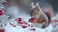 Red squirrel eating bright winter berries in snow, frost covered rowan branches create magical seasonal atmosphere against blurred background. Wildlife moment.