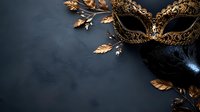 Ornate golden carnival mask with intricate metallic details on dark textured background with decorative leaves for masquerade party celebration.