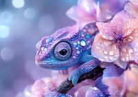 Magical blue chameleon with iridescent scales resting near pink delicate flowers covered in morning dew drops against dreamy purple bokeh background.