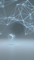Abstract digital network visualization with interconnected geometric lines and nodes forming a complex web structure against a soft gray background with a metallic cube element.