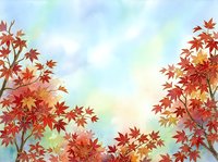 Autumn maple leaves in vibrant red and orange tones frame a soft, dreamy sky with watercolor blending, creating a serene seasonal background for fall designs and projects.