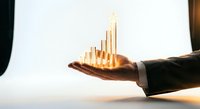 Businessman hand holding glowing golden bar chart showing upward growth trend for financial success and business development presentations.