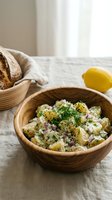 Potato salad with fresh dill and red onion in wooden bowl, served with lemon and bread on linen tablecloth for lunch or dinner recipes.