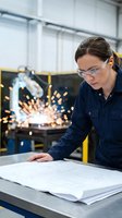 Female engineer reviewing technical blueprints in industrial workshop with welding sparks in background. Caucasian woman wearing safety glasses and navy work shirt examining construction plans at workstation.