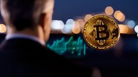 Businessman analyzing cryptocurrency market trends with golden bitcoin coin and digital trading charts in blurred city lights background at night.
