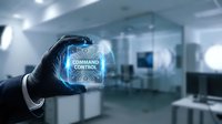 Businessman in dark suit holding glowing holographic quality control interface with circuit pattern in modern office environment for technology and industrial applications.