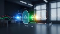 Digital business analytics dashboard with glowing interface icons displaying data visualization charts and security shield in modern office environment.