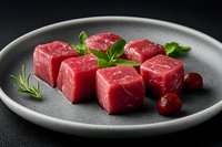Fresh raw beef tenderloin cut in cubes with herbs and cranberries served on gray ceramic plate against dark background, close up view of premium meat.