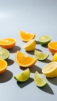 Fresh citrus fruit slices including orange, lemon and lime wedges arranged on white background with natural shadows for healthy food and nutrition concepts.