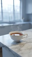 Elegant white porcelain teacup with gold rim filled with hot tea on marble countertop in modern kitchen interior for morning routine and relaxation.