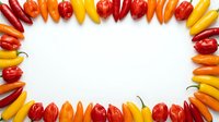 Colorful bell peppers arranged in a frame border on white background, featuring red, orange, and yellow varieties for food, cooking, nutrition, and healthy eating content.