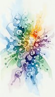 Colorful watercolor lightbulb with abstract swirls and gears representing creativity, innovation and brainstorming concepts for business and education design.