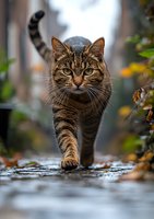 Tabby cat walking confidently on wet autumn path with blurred background, striped pattern and intense green eyes, focused expression during fall season stroll.