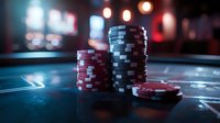 Stacks of red and blue poker chips on dark table with dramatic lighting and bokeh background, creating atmospheric casino gaming ambiance.