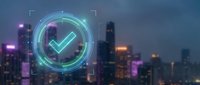 Futuristic holographic checkmark icon with glowing neon circles over blurred city skyline at night. Digital verification concept for business technology applications.