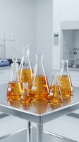 Laboratory flasks filled with amber liquid arranged on metal table in sterile research environment. Scientific glassware for chemical analysis, pharmaceutical testing, or educational purposes.
