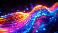 Vibrant glowing wave of orange and blue light particles flowing through dark space with bokeh effect and sparkling elements creating dynamic motion background.