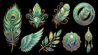 Peacock feather clipart set with gold accents, isolated on transparent background. Teal, blue, and green ornamental elements for stickers, sublimation, t-shirt design, and print on demand.