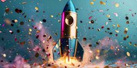 Golden rocket launching amid colorful confetti explosion and pink smoke on turquoise background, celebration startup concept for business success.