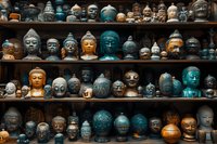 Collection of decorative Buddha head sculptures and statues displayed on wooden shelves, featuring turquoise, gold and silver finishes. Eastern spiritual decor.