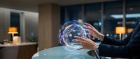 Businessman hands holding glowing digital brain with neural network connections in modern office environment for artificial intelligence concepts.