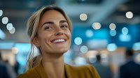 Young Caucasian woman with blonde hair in mustard yellow sweater smiling genuinely against blurred blue bokeh background. Natural candid portrait expressing joy and confidence.