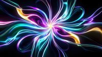 Vibrant neon light streams forming dynamic spiral pattern against black background with glowing turquoise, purple, and golden energy rays radiating from center point.