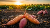 Fresh organic sweet potatoes harvested at golden hour sunset in agricultural field with warm sunlight rays creating natural farm produce scene.