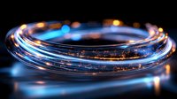 Glowing fiber optic rings with blue and orange light trails creating dynamic circular pattern against dark background, modern technology concept.