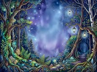Enchanted forest clearing with glowing trees, magical lights, and mystical portal entrance surrounded by lush vegetation and starry night sky backdrop.