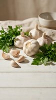 Fresh garlic bulbs and parsley on white wooden table with natural lighting for cooking and culinary preparation in rustic kitchen setting.