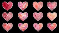 Watercolor heart shapes in pink, red, and coral tones with decorative patterns, isolated on transparent background. Ready for t-shirt designs, clipart, stickers, sublimation, print-on-demand products and digital crafts.