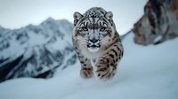 Majestic snow leopard prowling through snowy mountain terrain, intense gaze focused forward as it moves gracefully across white winter landscape in natural habitat.