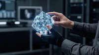 Businessman holding glowing digital network sphere with connected lines in modern tech environment, representing data connectivity and innovation.