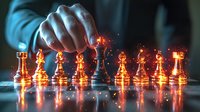 Glowing chess pieces on dark background with player hand moving black king piece, dramatic lighting creates fiery effect on golden figures for strategy concept.
