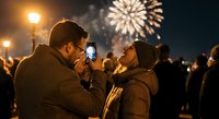 Young couple taking selfie during fireworks celebration at night with warm street lighting and festive crowd atmosphere.