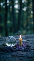 Mystical crystal ball with burning candle and amethyst crystals on wooden surface with blurred forest background for spiritual meditation and fortune telling.