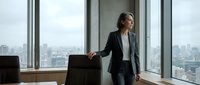Professional businesswoman in suit standing by office windows overlooking city skyline. Corporate executive in modern workplace with urban view.
