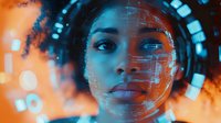 Young African American woman with digital interface projection on face in futuristic orange and blue environment showing artificial intelligence and facial recognition concept.