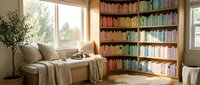 Cozy reading nook with built-in bookshelf filled with colorful books, comfortable seating area with soft blankets and pillows in warm natural light.