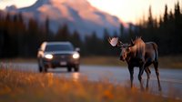 Majestic bull moose crossing rural road at sunset with approaching vehicle and mountain silhouette in background, dramatic golden hour lighting creates wilderness atmosphere.