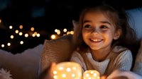 Smiling young girl in cozy sweater enjoying warm glow of Christmas lights at home, creating magical holiday atmosphere.
