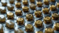 Shiny golden bitcoin symbols arranged in rows on metallic surface with selective focus creating depth and cryptocurrency concept background pattern.