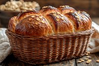 Fresh homemade braided challah bread with sesame seeds in wicker basket on rustic wooden table, golden brown crust and soft texture, traditional baking.