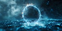 Futuristic glowing blue energy ring with digital particles floating in dark space, perfect for technology, innovation, and blockchain concept designs.