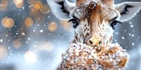 Closeup portrait of giraffe face with snow falling and magical bokeh lights in winter background, showing gentle expression and long eyelashes in soft focus.