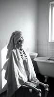 Skeleton figure wearing towel and robe sitting in modern bathroom with bathtub and toilet, black and white artistic composition for creative and editorial projects.