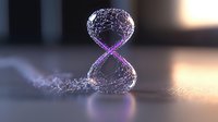 Digital wireframe hourglass with glowing purple light dissolving into particles on reflective surface representing time, technology and data flow concepts.